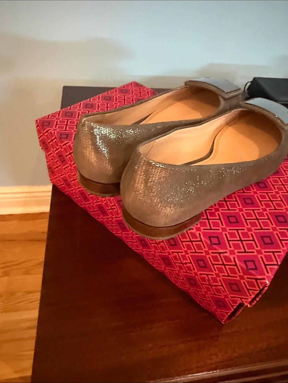 Tory Burch Silver Metallic Square-Embellished Flats